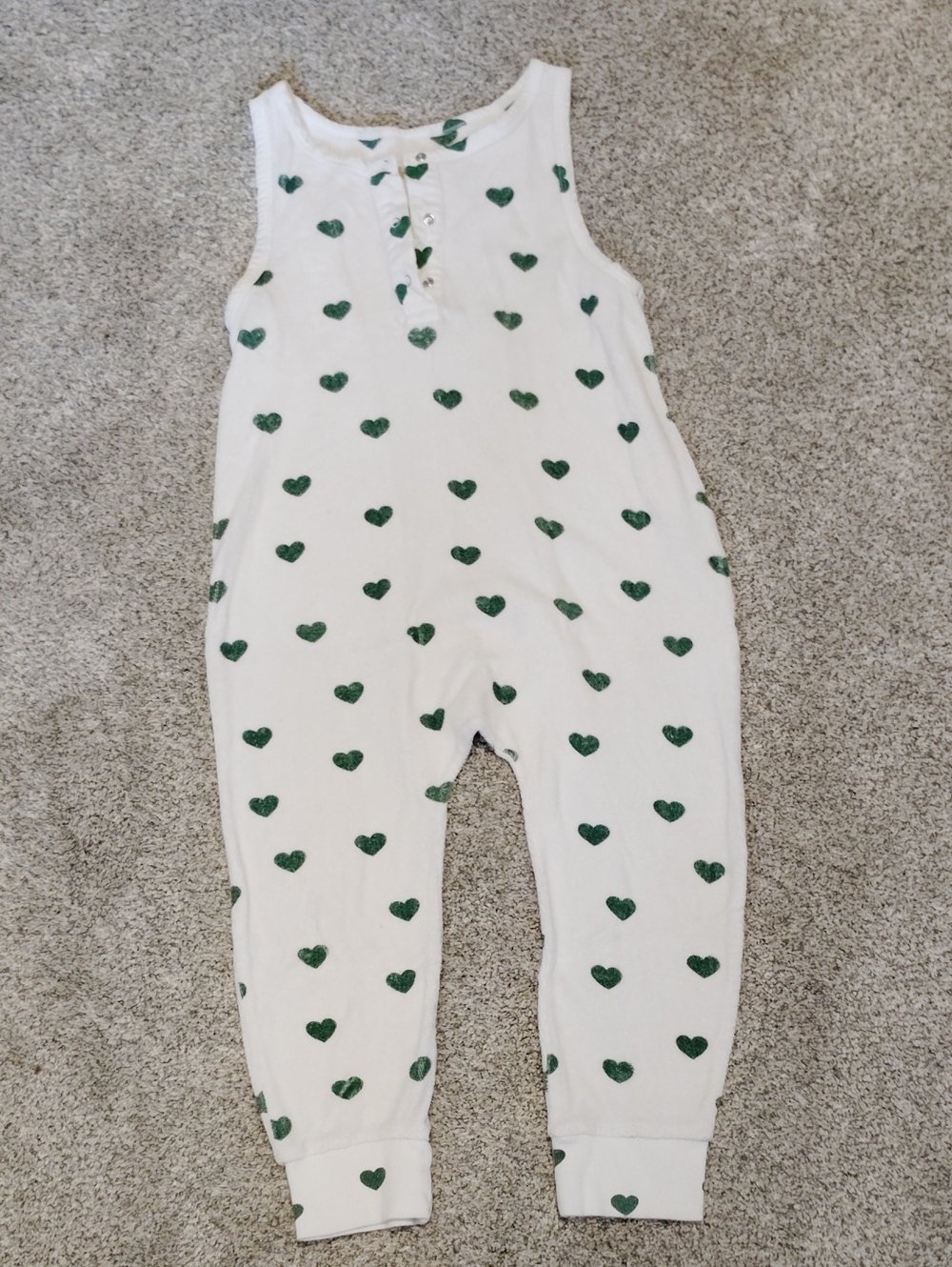 Kids White Sleeveless One-Piece Terry Romper with Green Heart Print